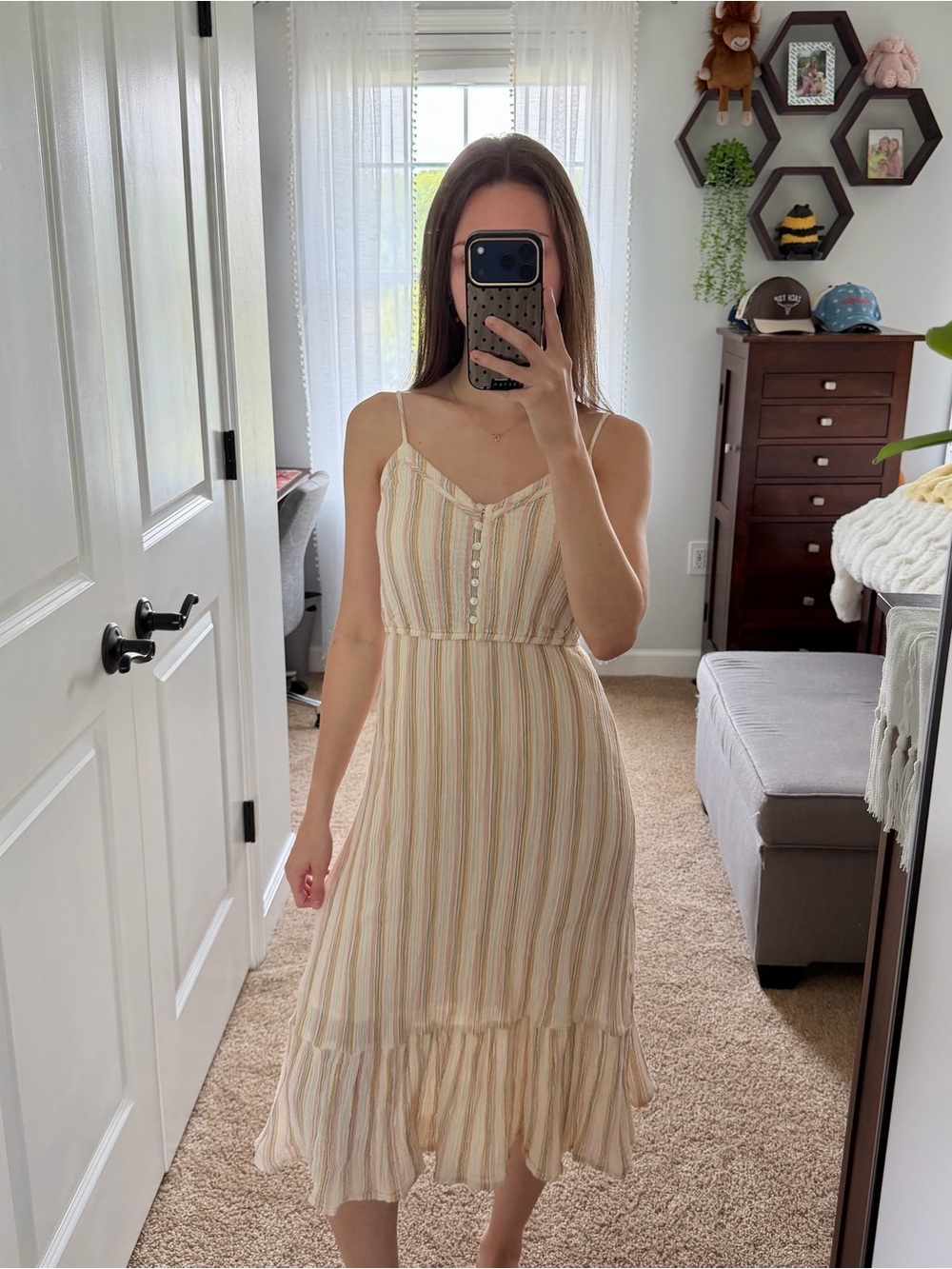 Aerie Cream Striped Midi Dress